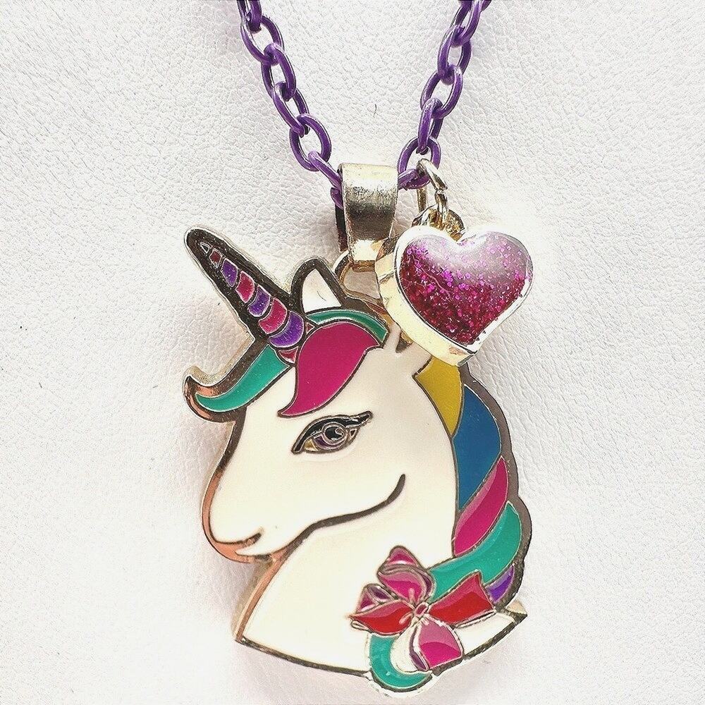 Vintage Y2K Jojo Siwa Unicorn Necklace Purple Chain Glitter Heart Charm Jewelry